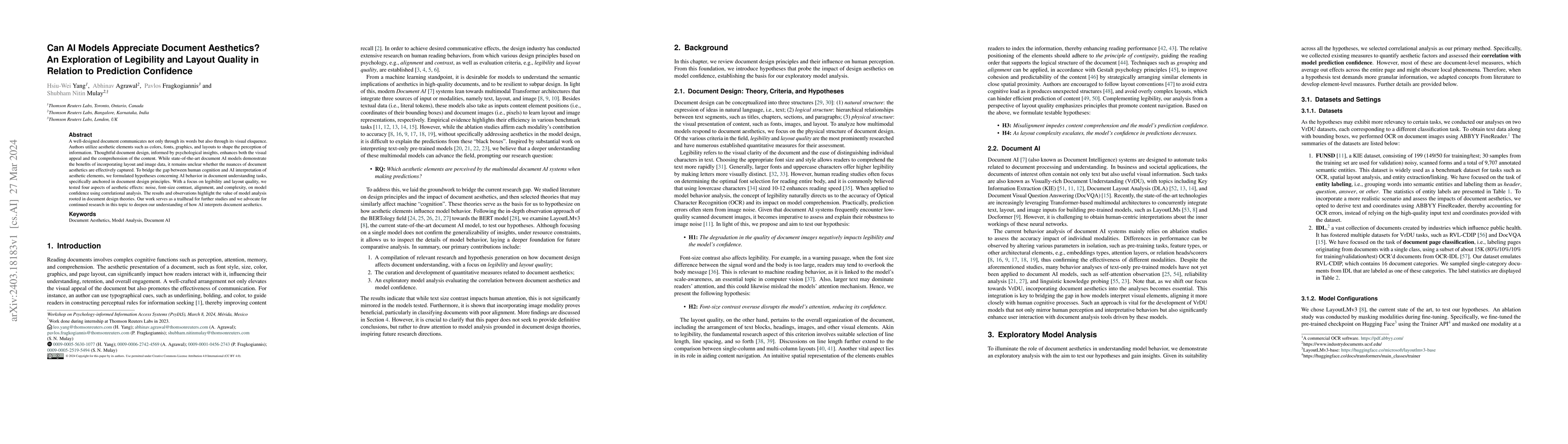 Thumbnail for Can AI Models Appreciate Document Aesthetics? An Exploration of
  Legibility and Layout Quality in Relation to Prediction Confidence