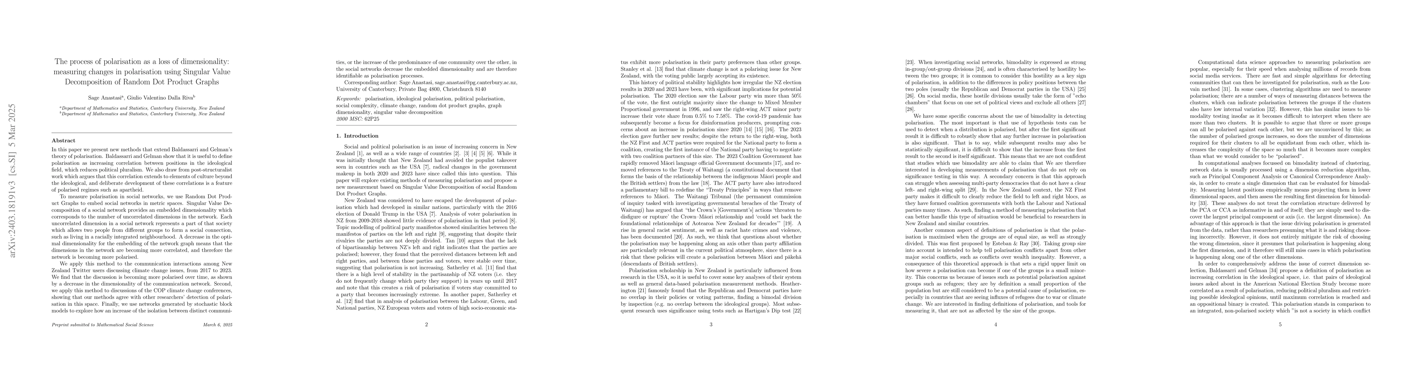Thumbnail for The process of polarisation as a loss of dimensionality: measuring
  changes in polarisation using Singular Value Decomposition of network graphs