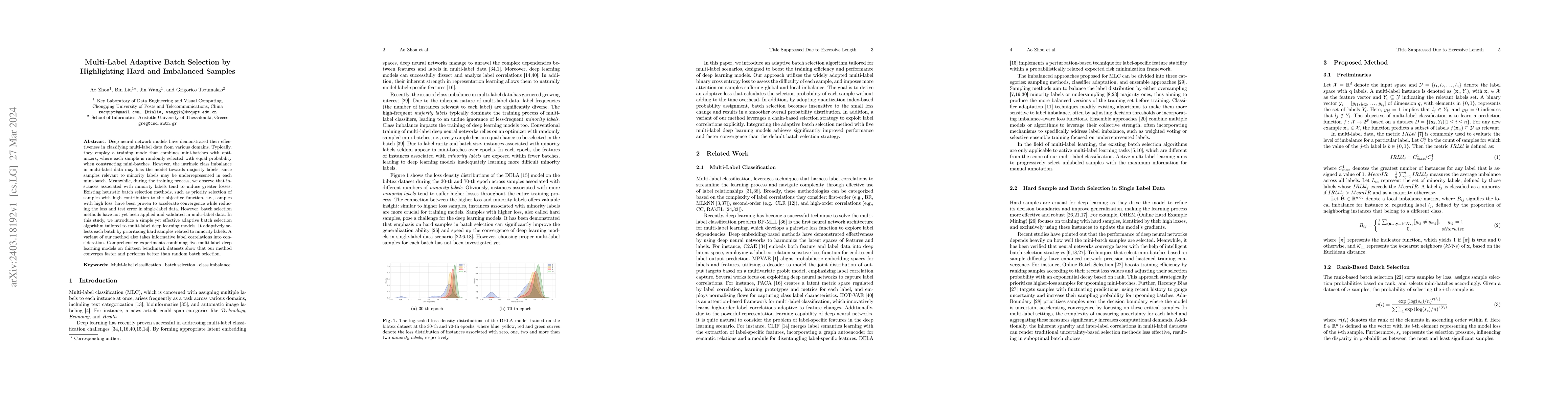 Thumbnail for Multi-Label Adaptive Batch Selection by Highlighting Hard and Imbalanced
  Samples