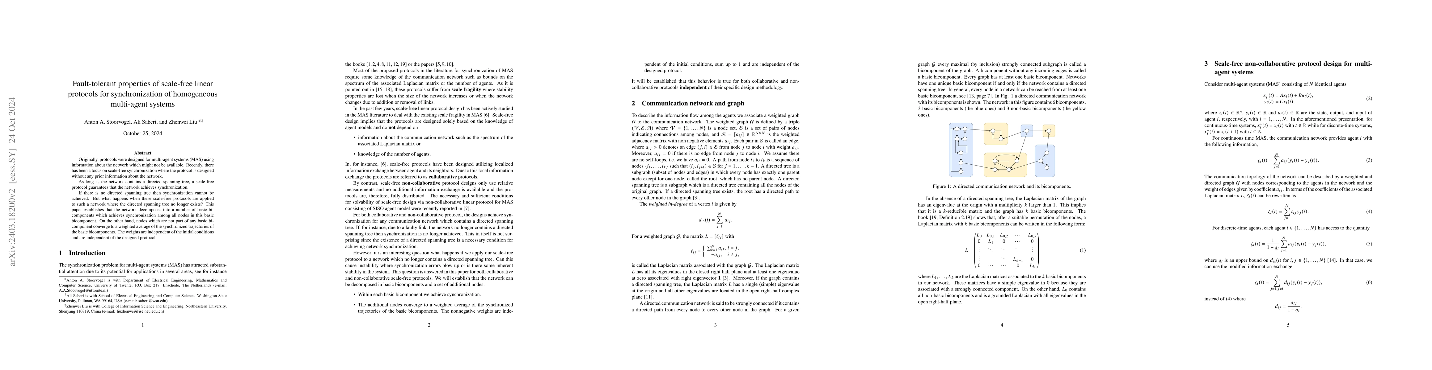 Thumbnail for Fault-tolerant properties of scale-free linear protocols for
  synchronization of homogeneous multi-agent systems