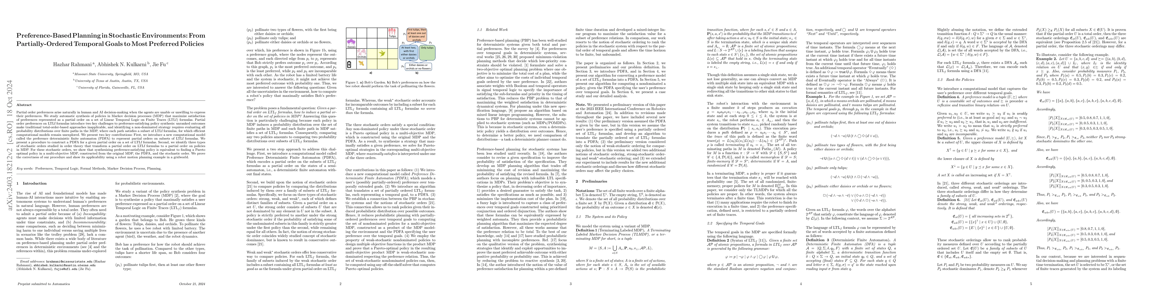 Thumbnail for Preference-Based Planning in Stochastic Environments: From
  Partially-Ordered Temporal Goals to Most Preferred Policies