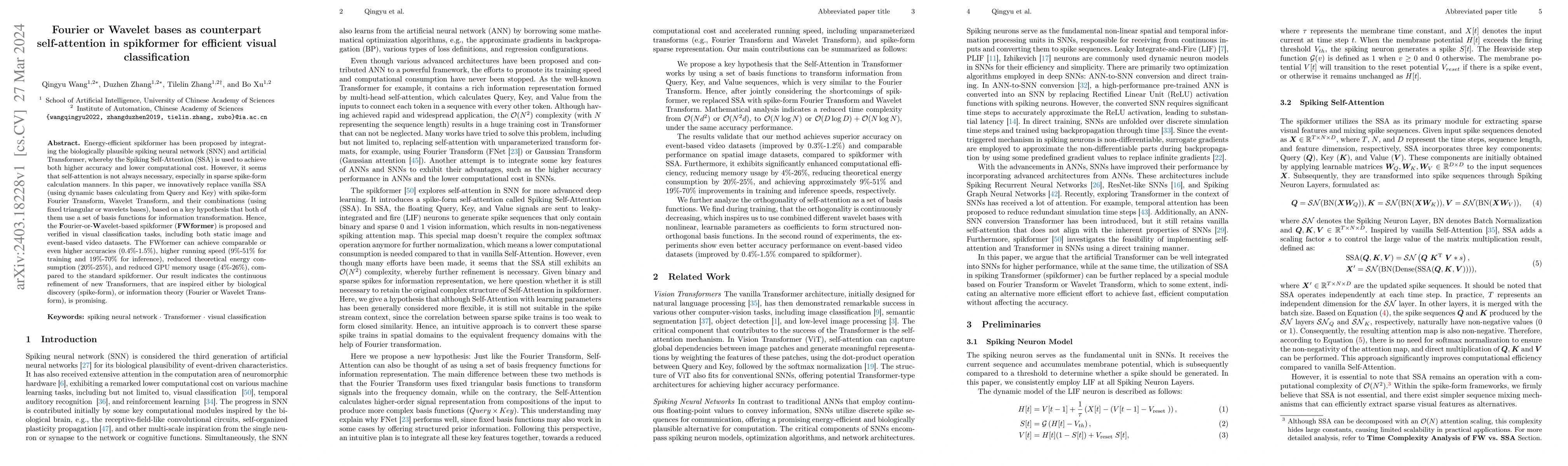 Thumbnail for Fourier or Wavelet bases as counterpart self-attention in spikformer for
  efficient visual classification