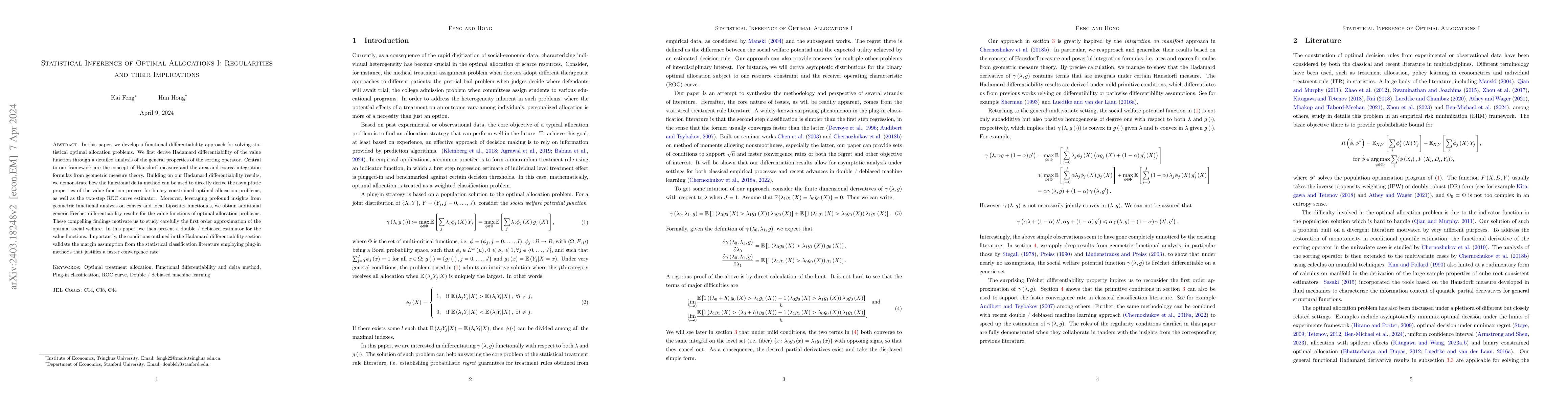 Thumbnail for Statistical Inference of Optimal Allocations I: Regularities and their
  Implications