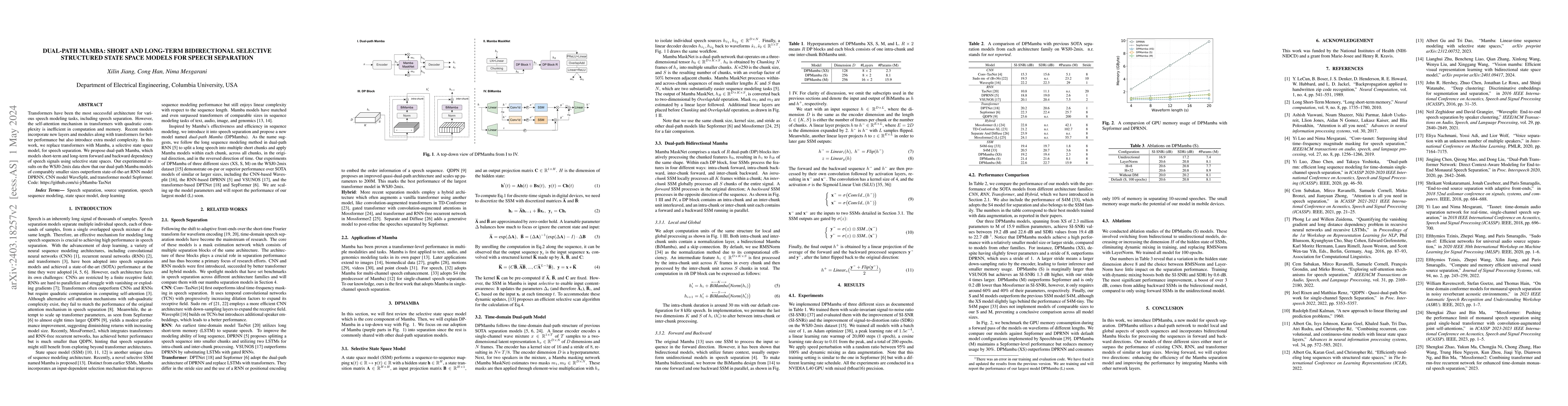 Thumbnail for Dual-path Mamba: Short and Long-term Bidirectional Selective Structured
  State Space Models for Speech Separation