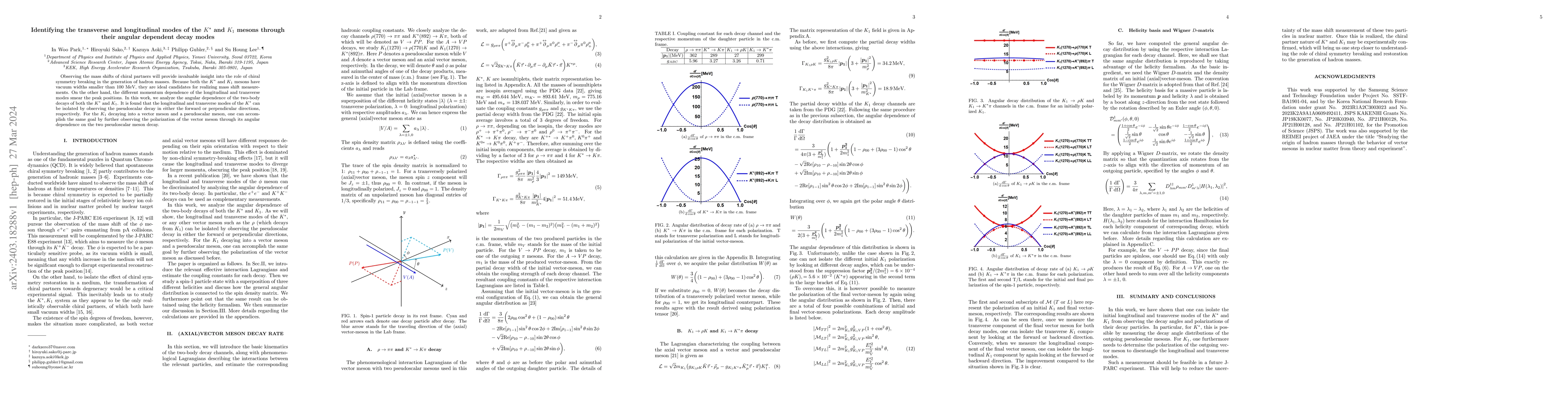 Thumbnail for Identifying the transverse and longitudinal modes of the $K^*$ and
  $K_{1}$ mesons through their angular dependent decay modes