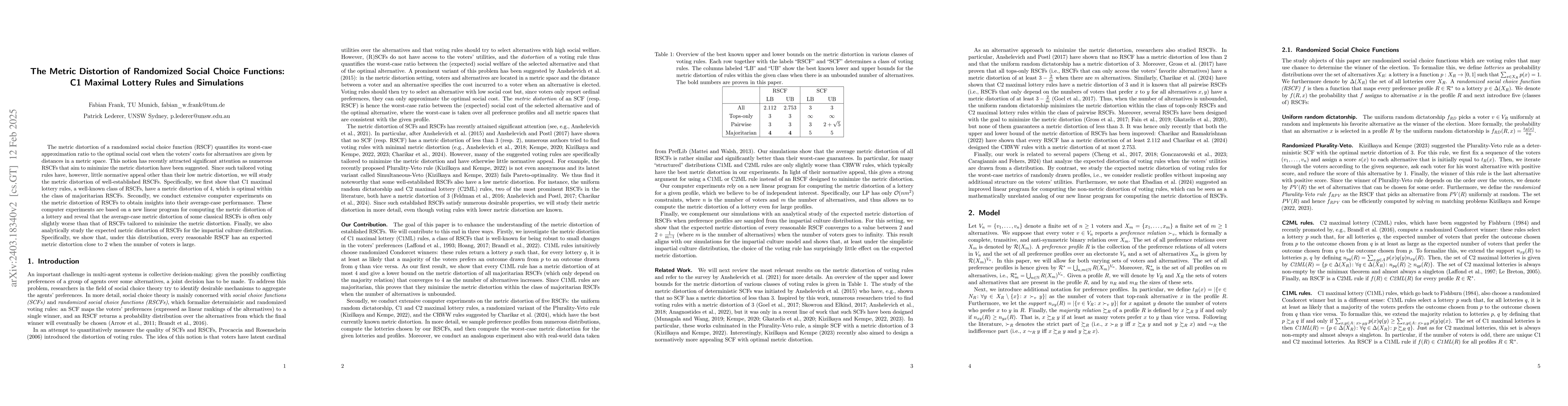 Thumbnail for The Metric Distortion of Randomized Social Choice Functions: C1 Maximal
  Lottery Rules and Simulations