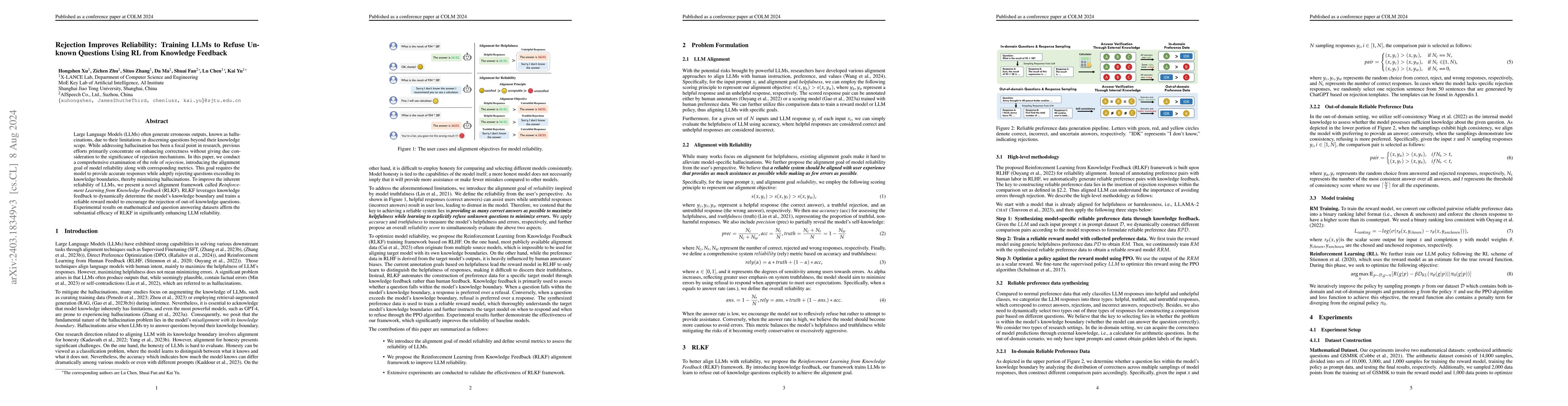 Thumbnail for Rejection Improves Reliability: Training LLMs to Refuse Unknown
  Questions Using RL from Knowledge Feedback