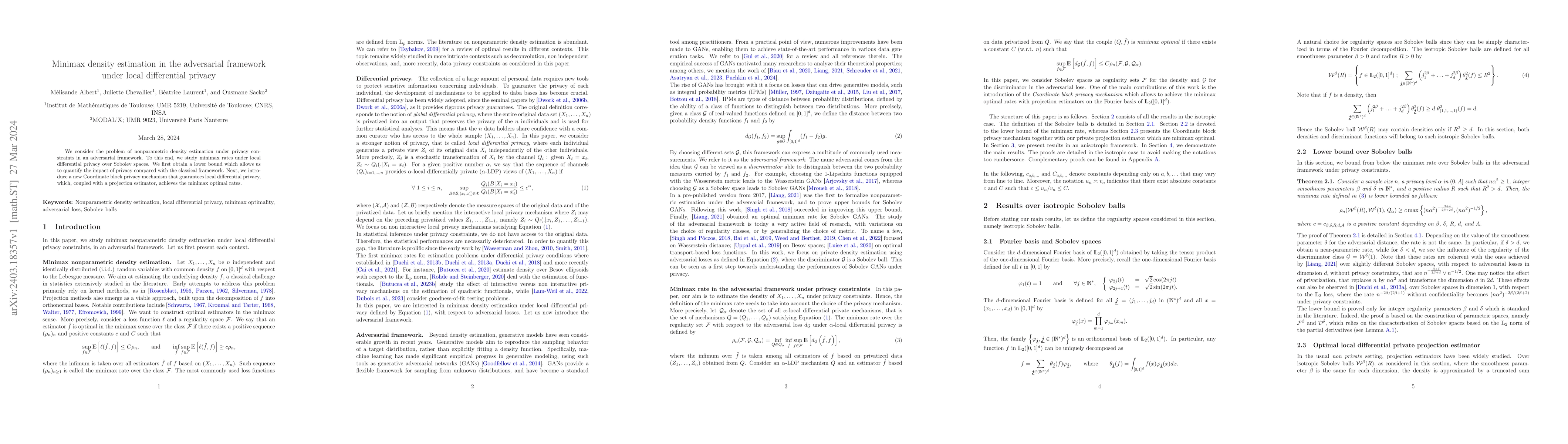 Thumbnail for Minimax density estimation in the adversarial framework under local
  differential privacy