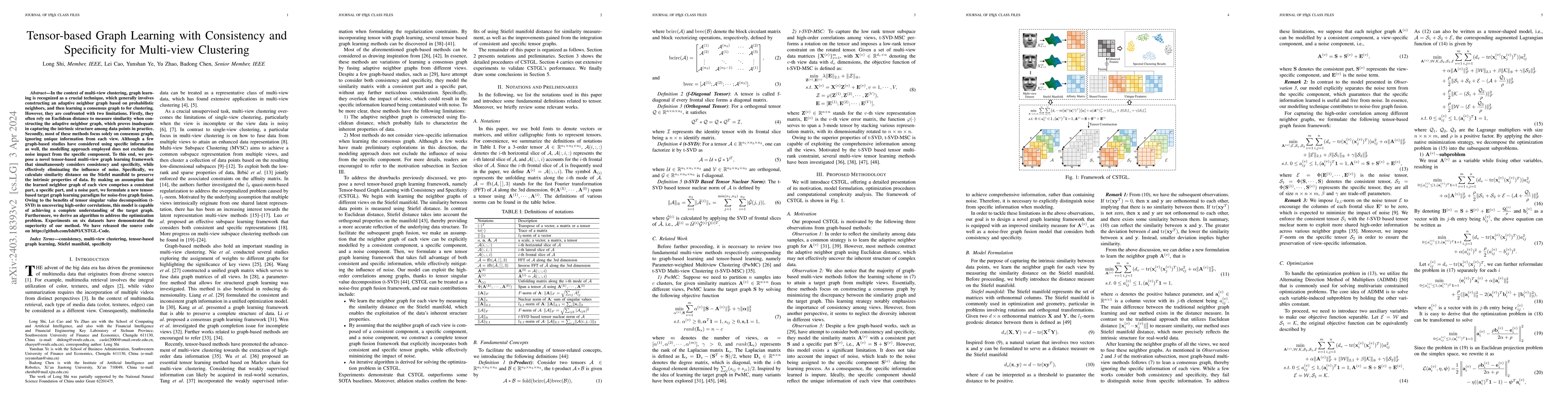 Thumbnail for Tensor-based Graph Learning with Consistency and Specificity for
  Multi-view Clustering