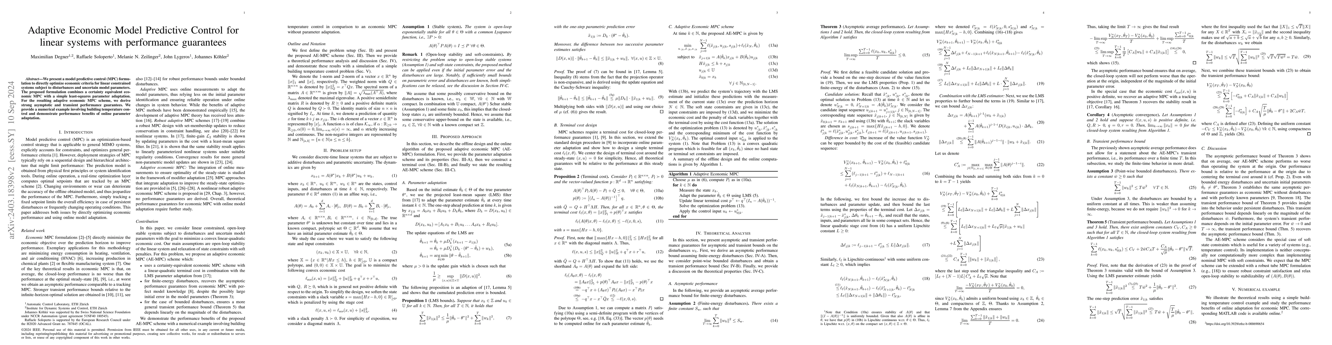 Thumbnail for Adaptive Economic Model Predictive Control for linear systems with
  performance guarantees