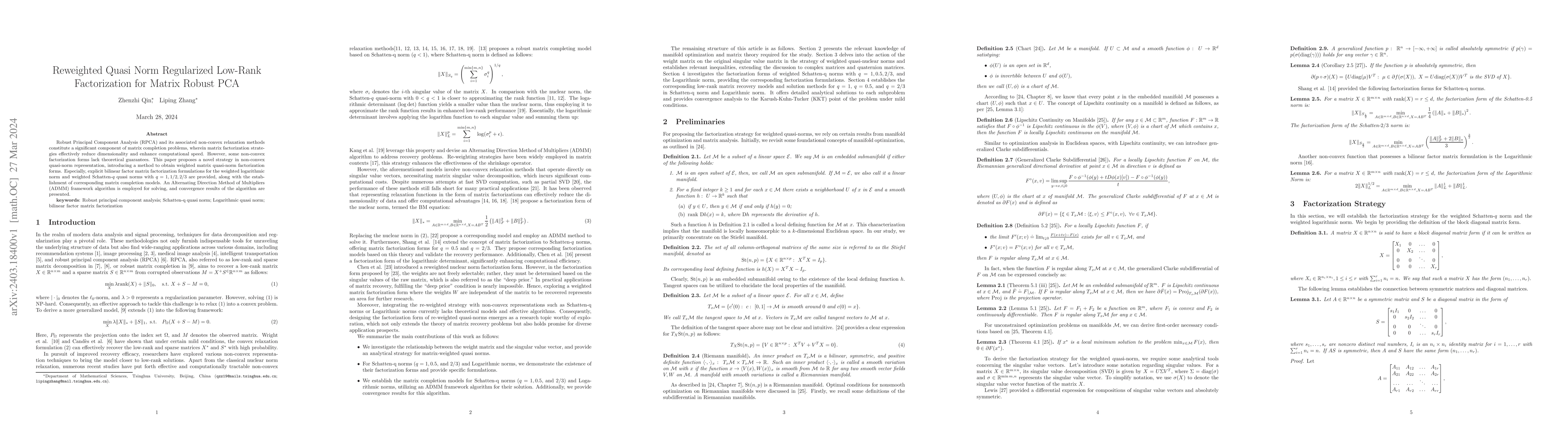 Thumbnail for Reweighted Quasi Norm Regularized Low-Rank Factorization for Matrix
  Robust PCA