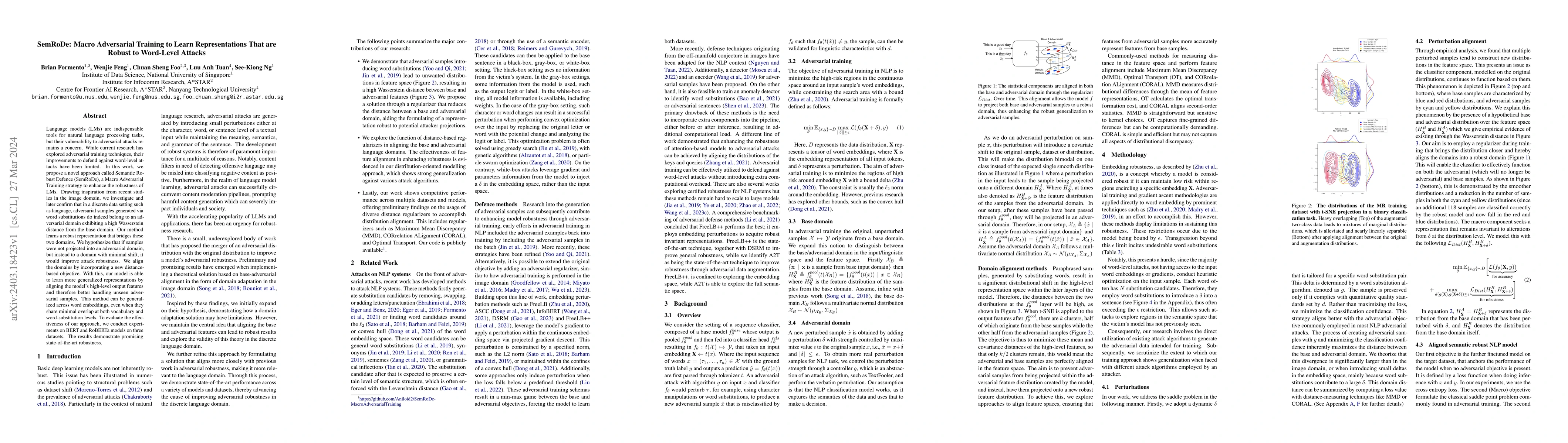 Thumbnail for SemRoDe: Macro Adversarial Training to Learn Representations That are
  Robust to Word-Level Attacks