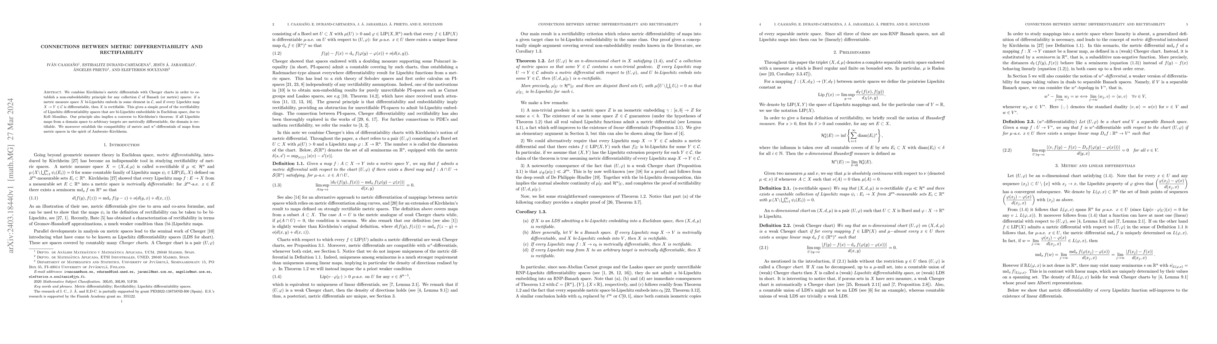 Thumbnail for Connections between metric differentiability and rectifiability