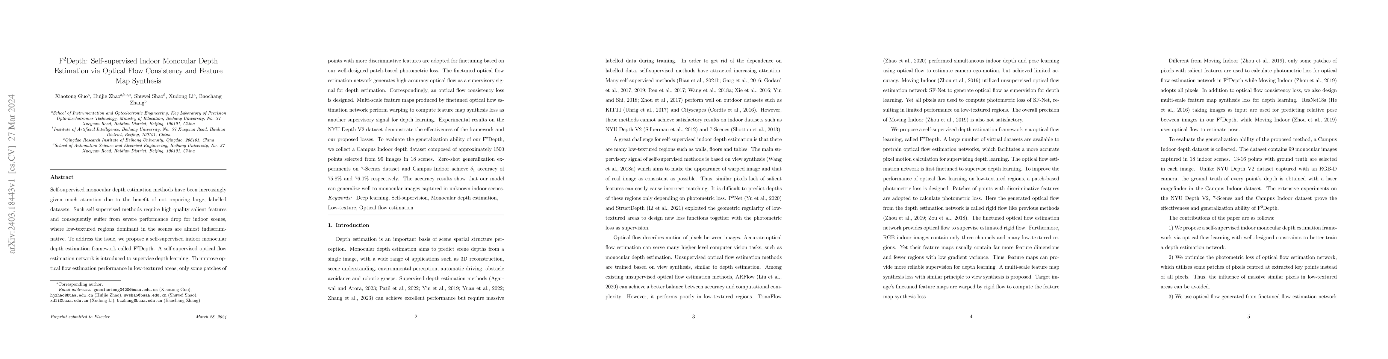 Thumbnail for $\mathrm{F^2Depth}$: Self-supervised Indoor Monocular Depth Estimation
  via Optical Flow Consistency and Feature Map Synthesis