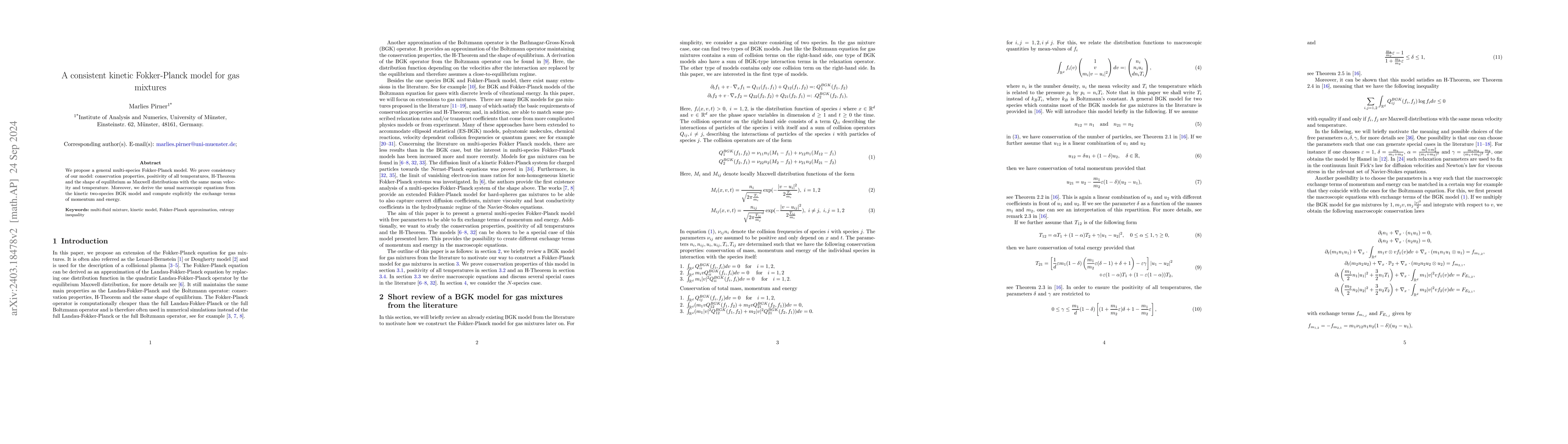 Thumbnail for A consistent kinetic Fokker-Planck model for gas mixtures