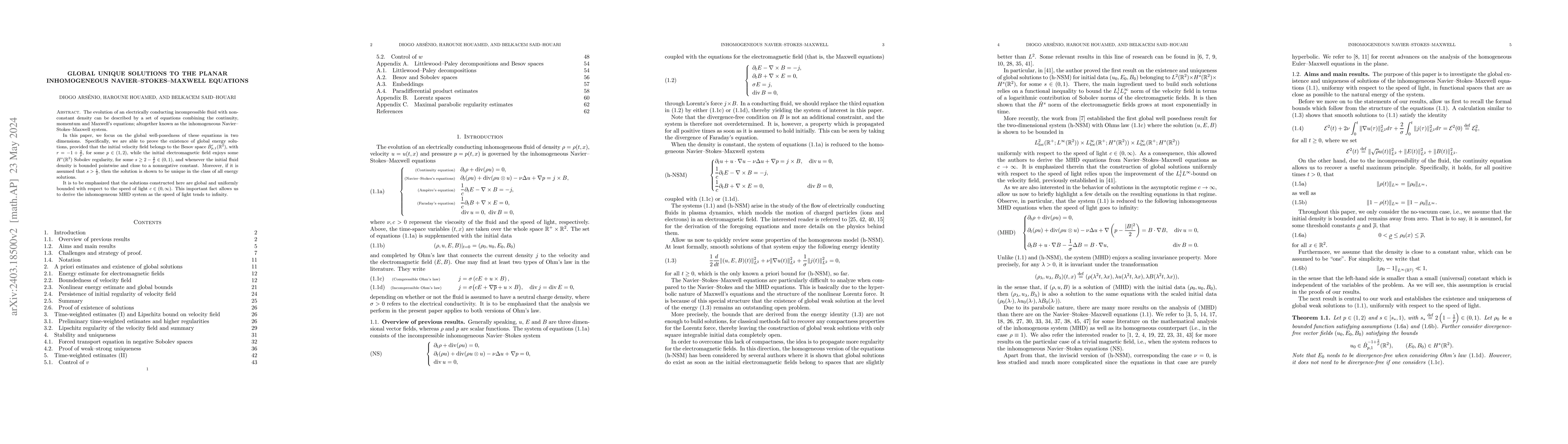 Thumbnail for Global unique solutions to the planar inhomogeneous
  Navier--Stokes--Maxwell equations
