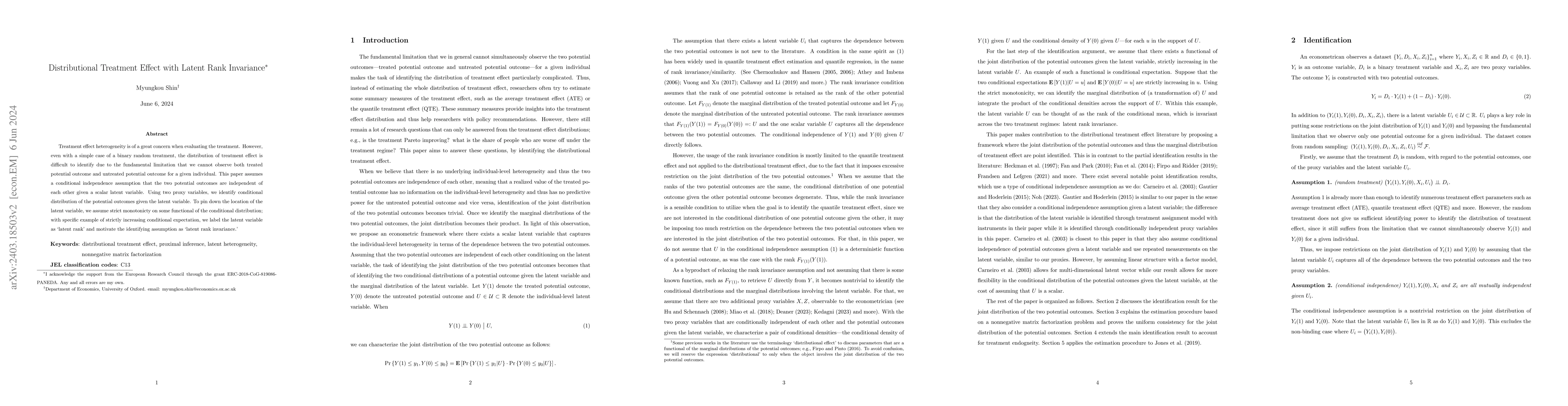 Thumbnail for Distributional Treatment Effect with Latent Rank Invariance