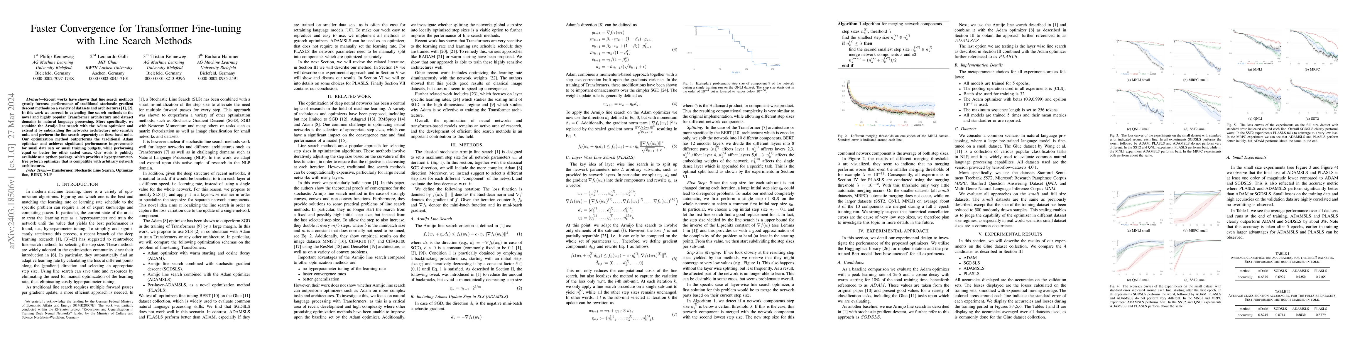 Thumbnail for Faster Convergence for Transformer Fine-tuning with Line Search Methods