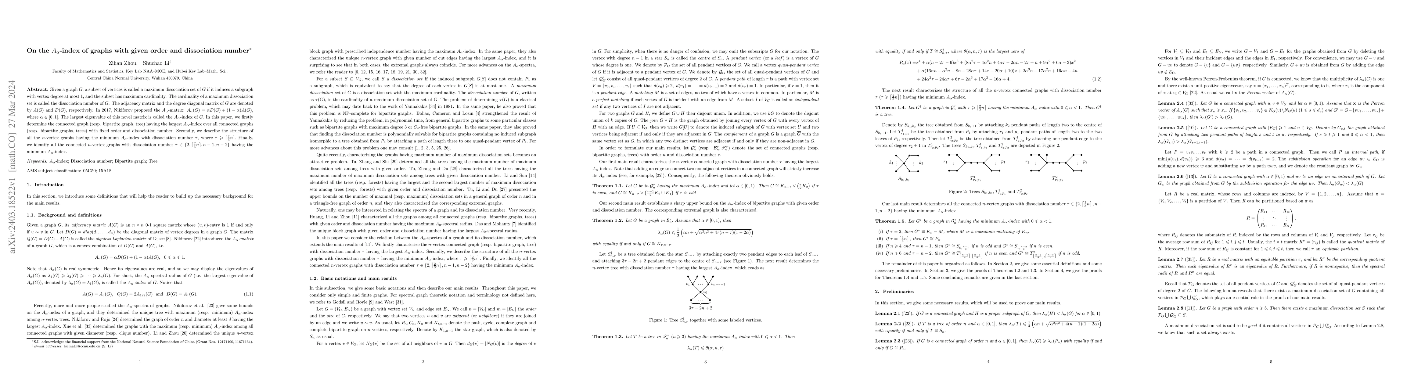 Thumbnail for On the $A_\alpha$-index of graphs with given order and dissociation
  number