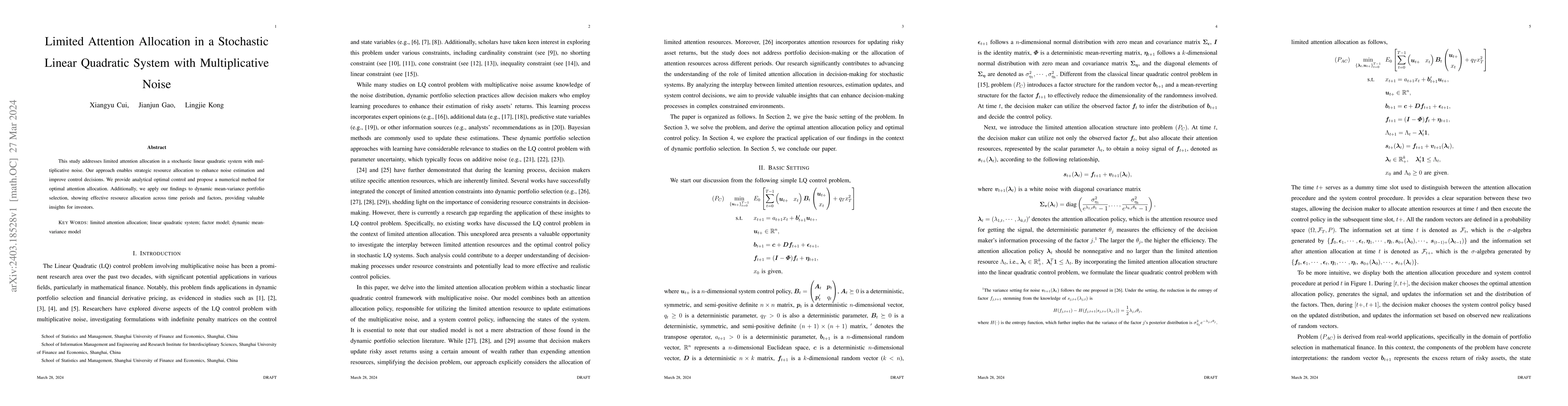 Thumbnail for Limited Attention Allocation in a Stochastic Linear Quadratic System
  with Multiplicative Noise