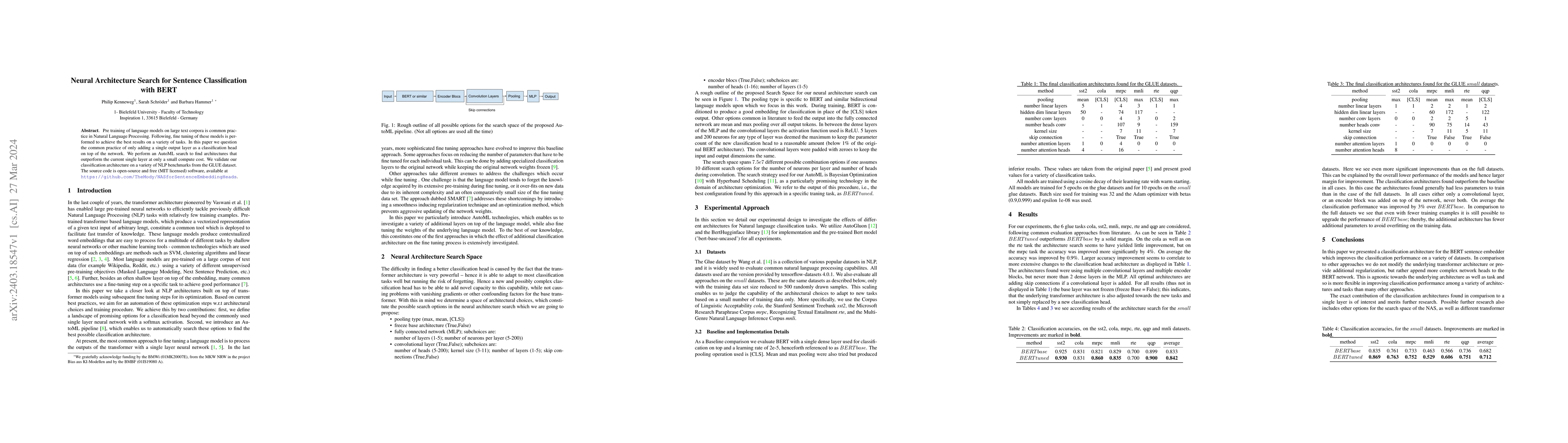 Thumbnail for Neural Architecture Search for Sentence Classification with BERT