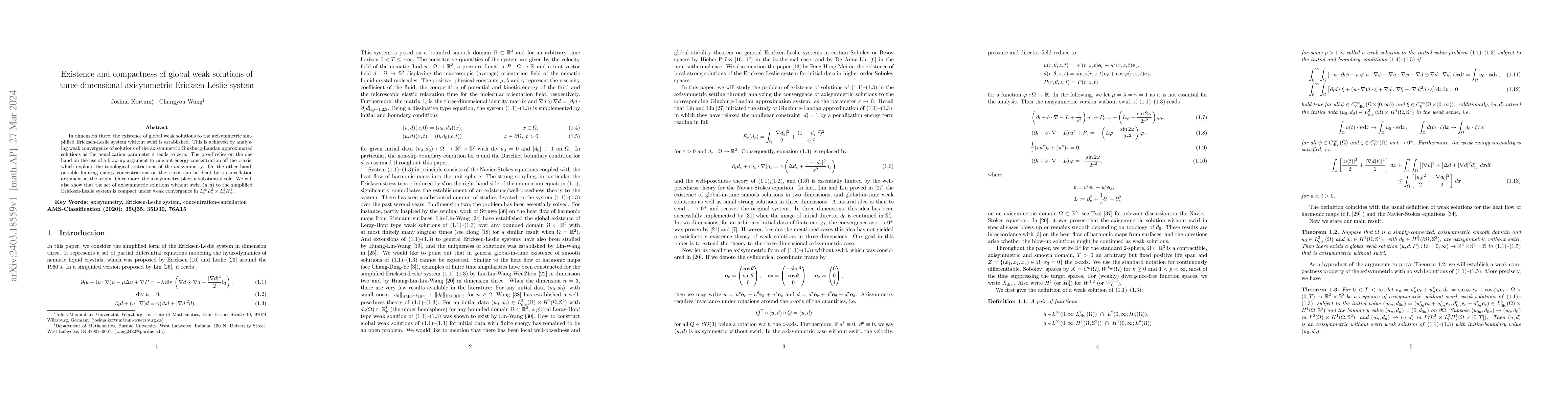 Thumbnail for Existence and compactness of global weak solutions of three-dimensional
  axisymmetric Ericksen-Leslie system