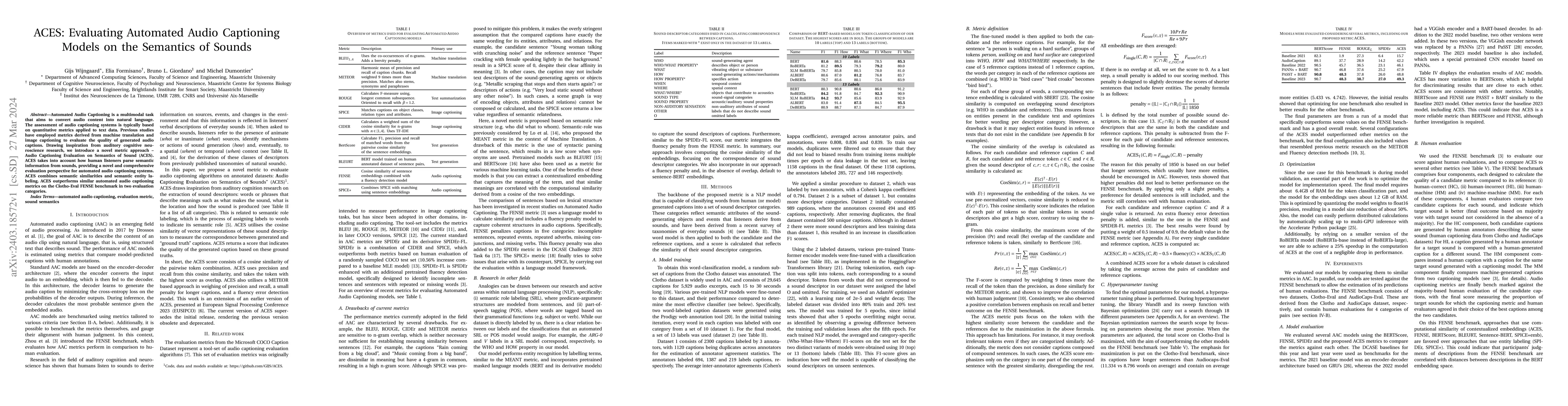 Thumbnail for ACES: Evaluating Automated Audio Captioning Models on the Semantics of
  Sounds