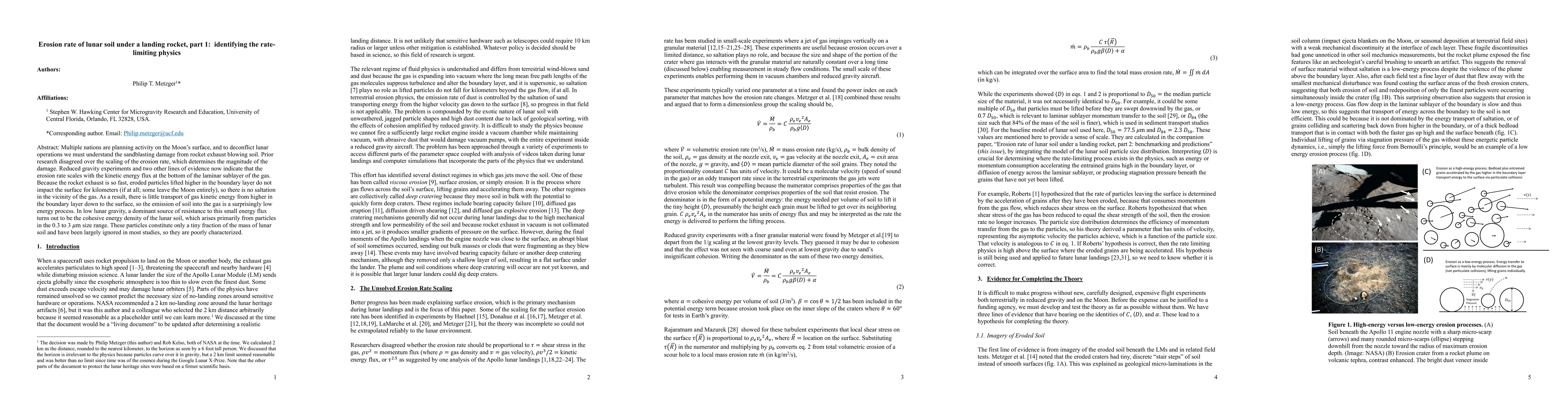 Thumbnail for Erosion rate of lunar soil under a landing rocket, part 1: identifying
  the rate-limiting physics