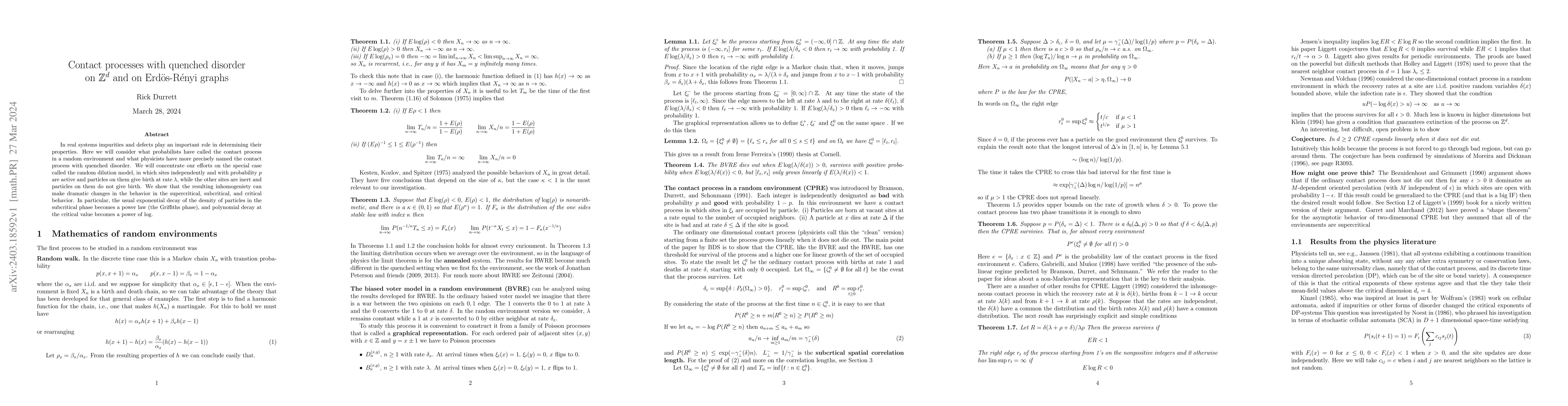 Thumbnail for Contact processes with quenched disorder on $\mathbb{Z}^d$ and on
  Erdos-Renyi graphs