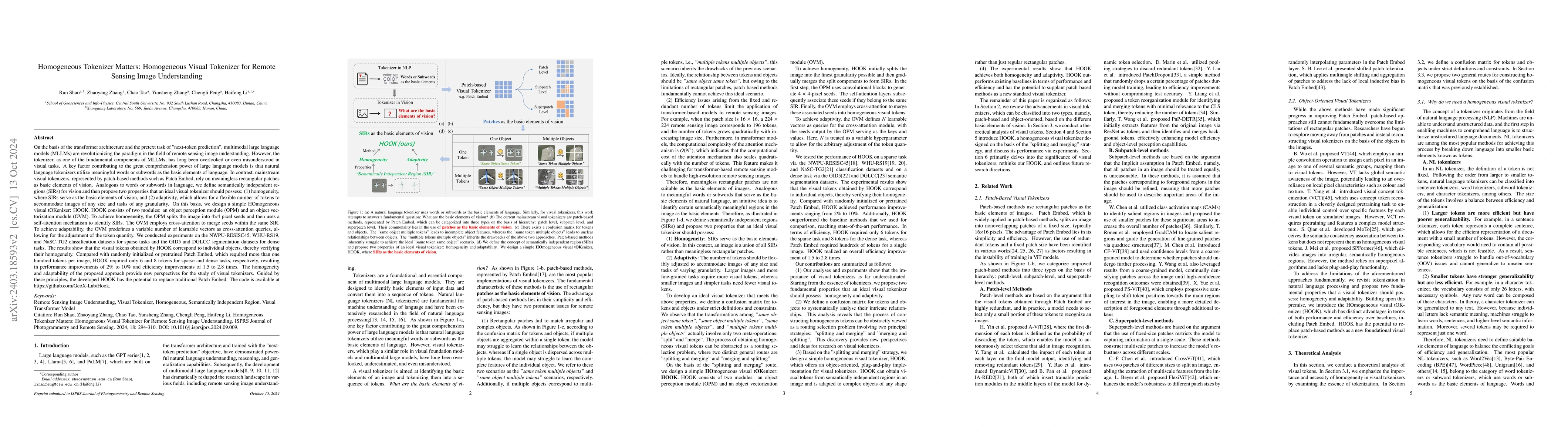 Thumbnail for Homogeneous Tokenizer Matters: Homogeneous Visual Tokenizer for Remote
  Sensing Image Understanding