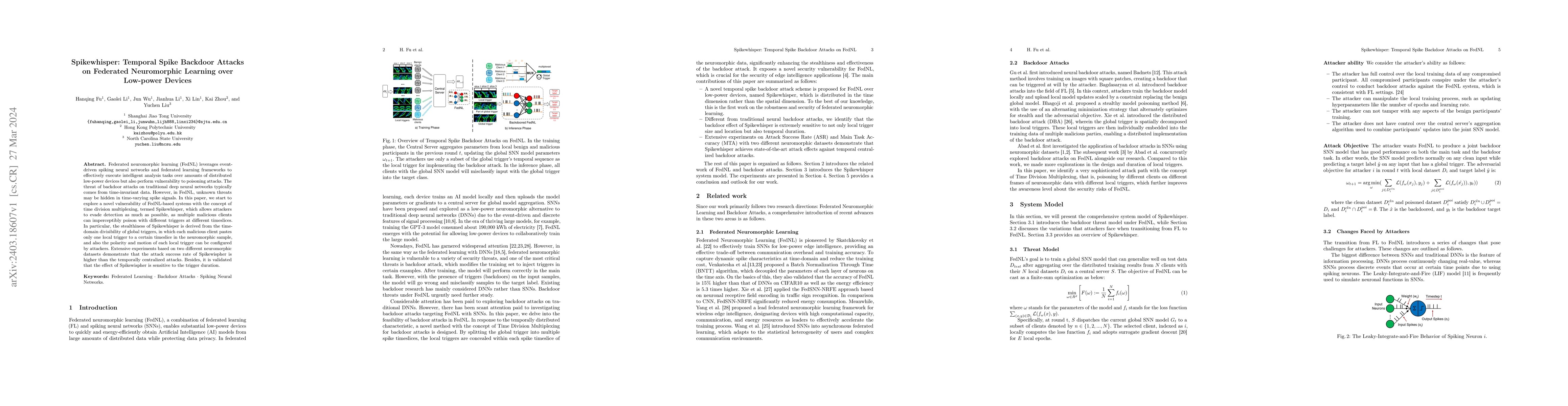 Thumbnail for Spikewhisper: Temporal Spike Backdoor Attacks on Federated Neuromorphic
  Learning over Low-power Devices