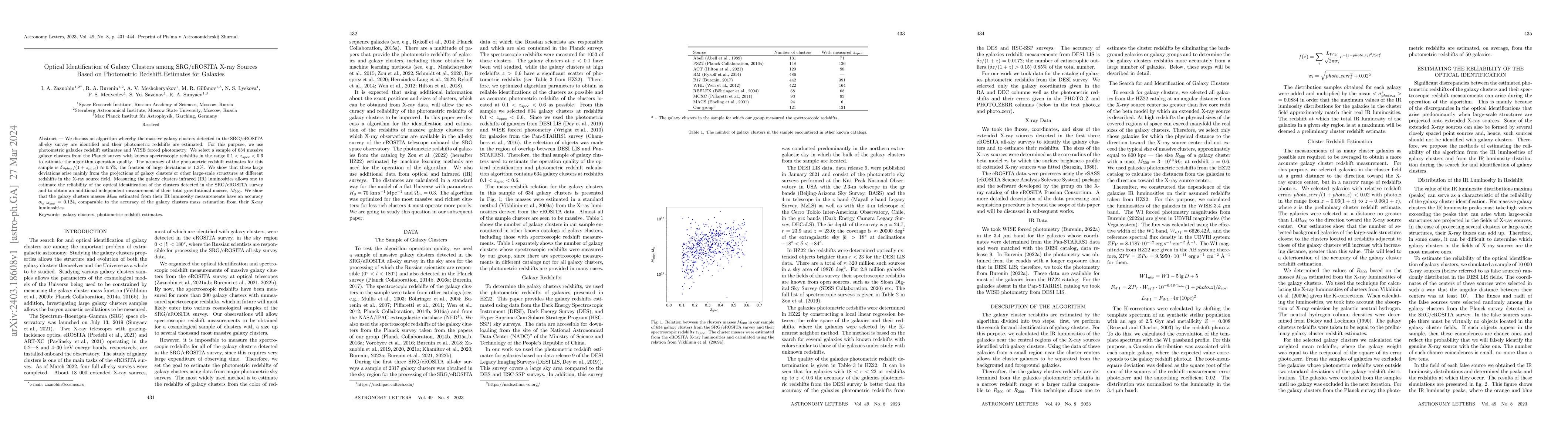 Thumbnail for Optical Identification of Galaxy Clusters among SRG/eROSITA X-ray
  Sources Based on Photometric Redshift Estimates for Galaxies