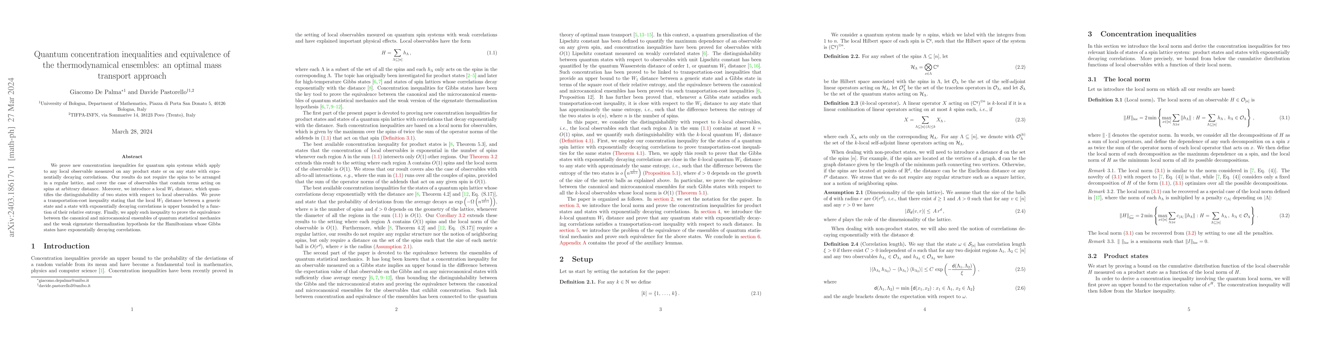 Thumbnail for Quantum concentration inequalities and equivalence of the
  thermodynamical ensembles: an optimal mass transport approach