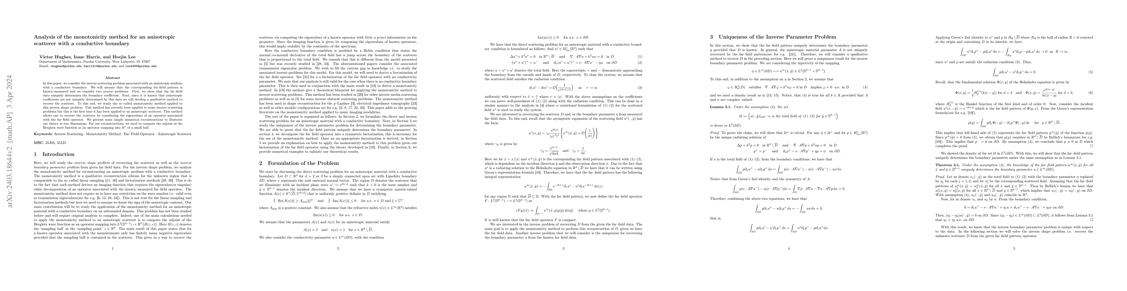 Thumbnail for Analysis of the monotonicity method for an anisotropic scatterer with a
  conductive boundary