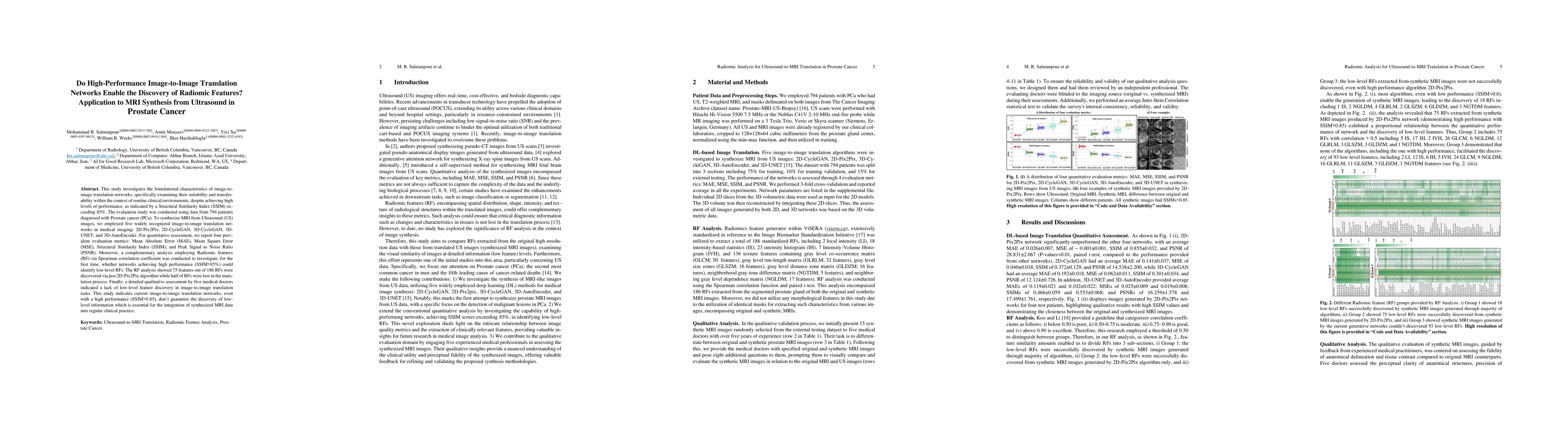 Thumbnail for Do High-Performance Image-to-Image Translation Networks Enable the
  Discovery of Radiomic Features? Application to MRI Synthesis from Ultrasound
  in Prostate Cancer