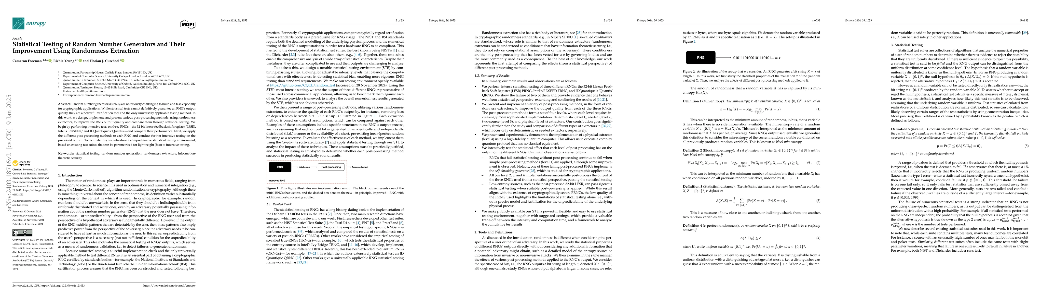 Thumbnail for Statistical testing of random number generators and their improvement
  using randomness extraction