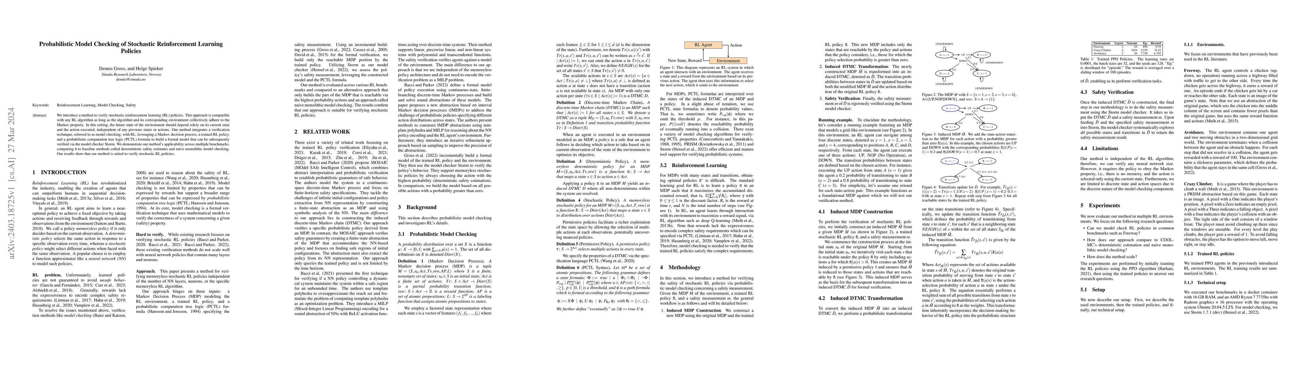 Thumbnail for Probabilistic Model Checking of Stochastic Reinforcement Learning
  Policies