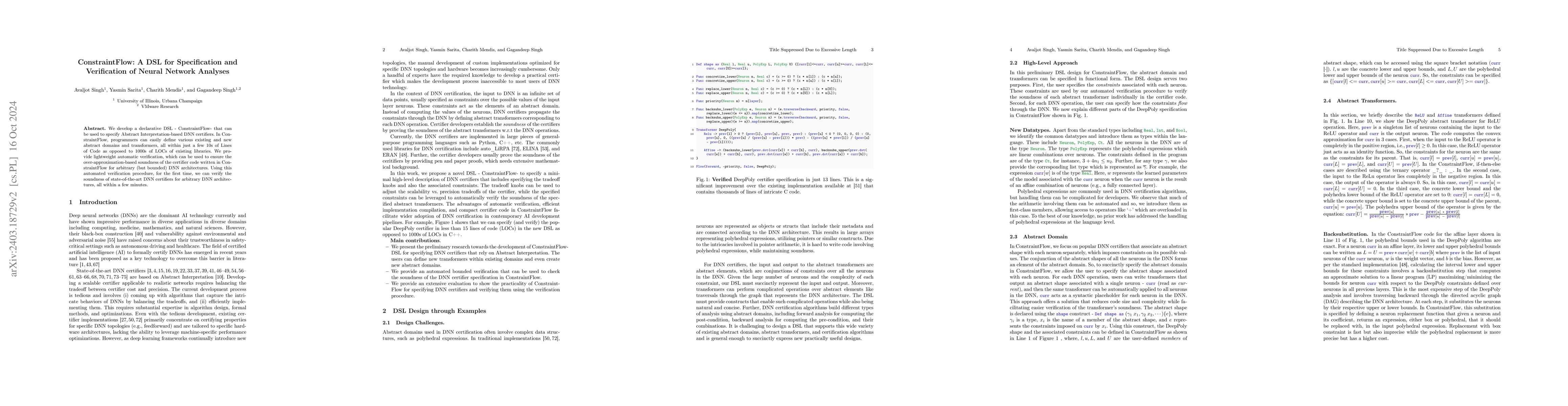 Thumbnail for ConstraintFlow: A DSL for Specification and Verification of Neural
  Network Analyses