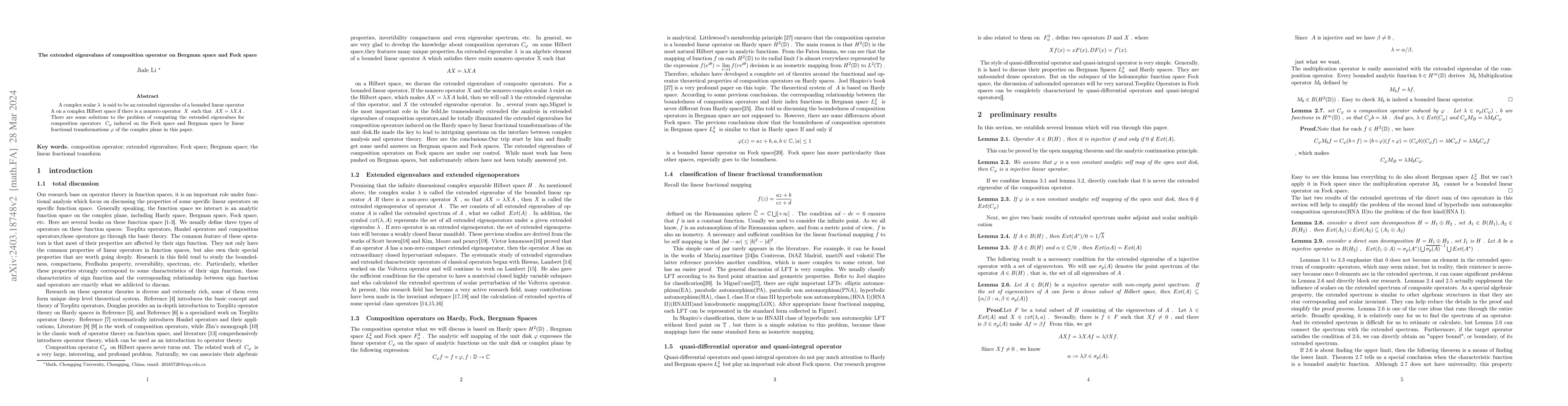 Thumbnail for The extended eigenvalues of composition operator on Bergman space and
  Fock space