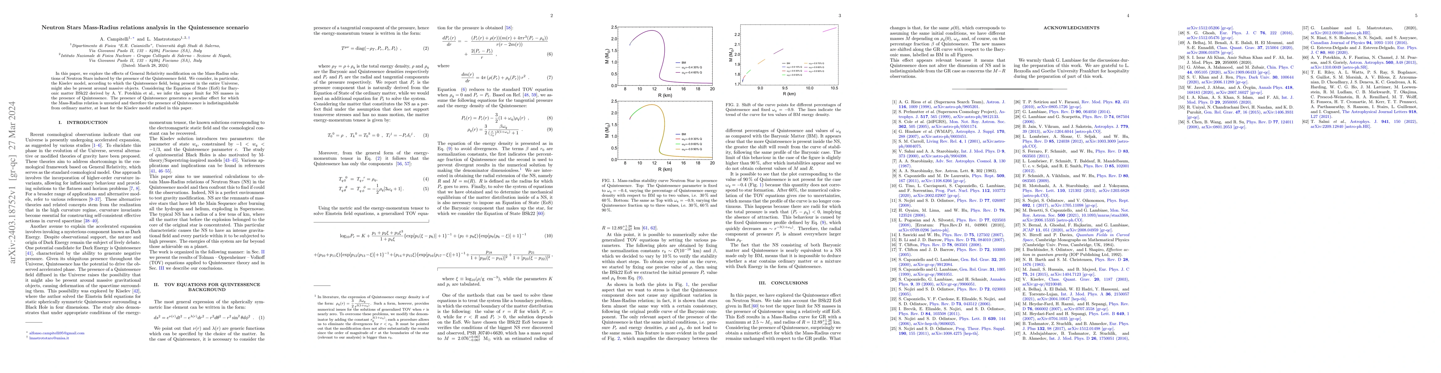 Thumbnail for Neutron Stars Mass-Radius relations analysis in the Quintessence
  scenario