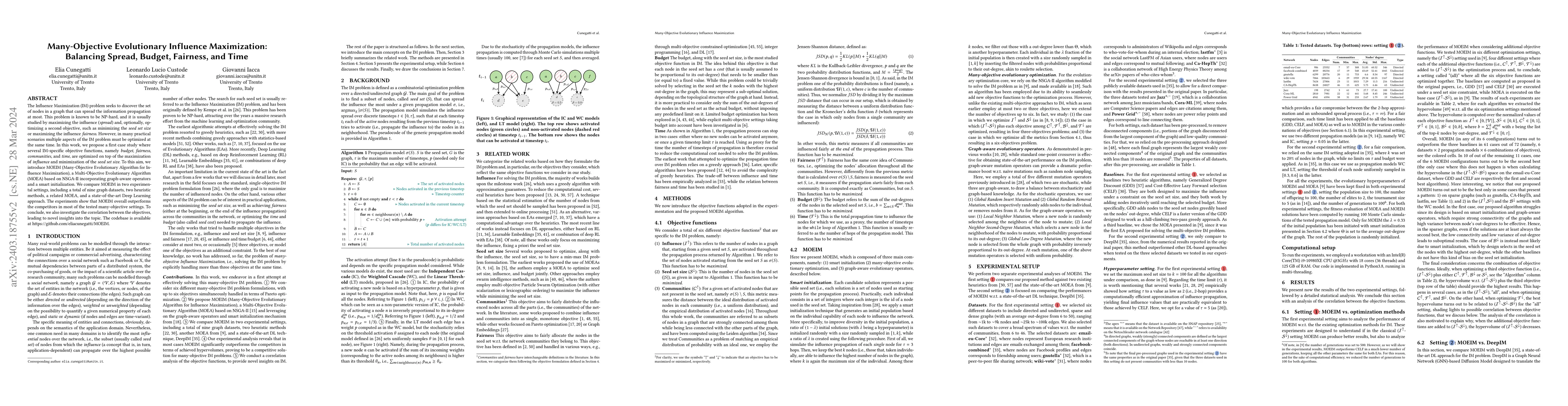 Thumbnail for Many-Objective Evolutionary Influence Maximization: Balancing Spread,
  Budget, Fairness, and Time