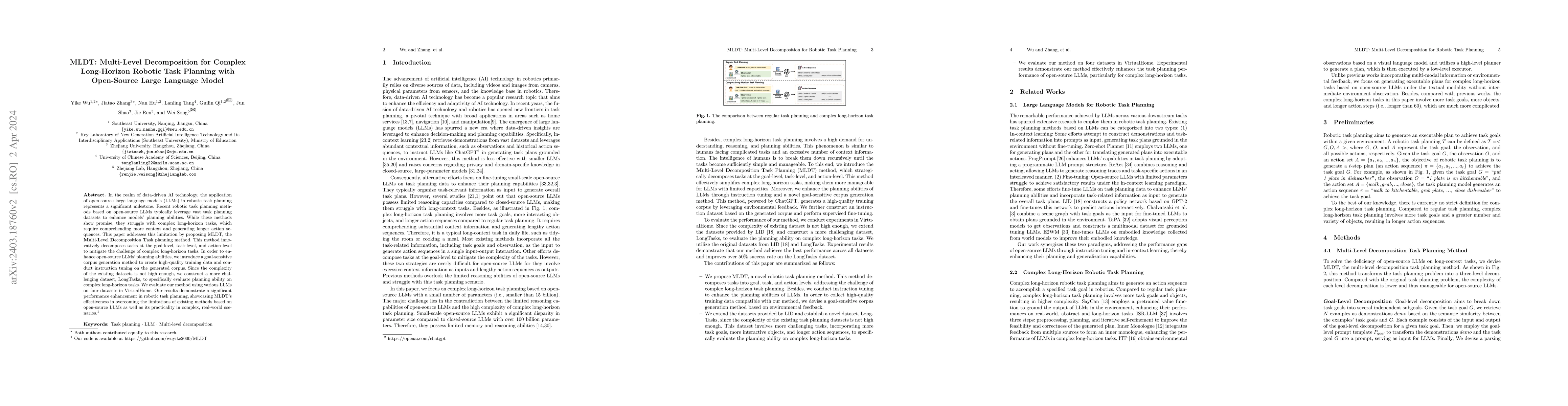 Thumbnail for MLDT: Multi-Level Decomposition for Complex Long-Horizon Robotic Task
  Planning with Open-Source Large Language Model