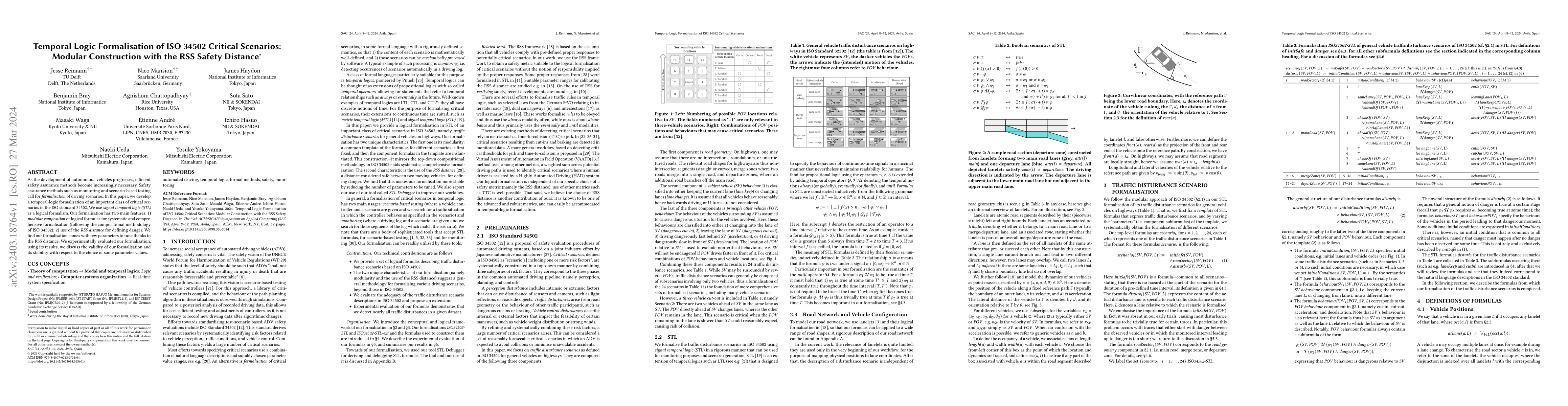 Thumbnail for Temporal Logic Formalisation of ISO 34502 Critical Scenarios: Modular
  Construction with the RSS Safety Distance