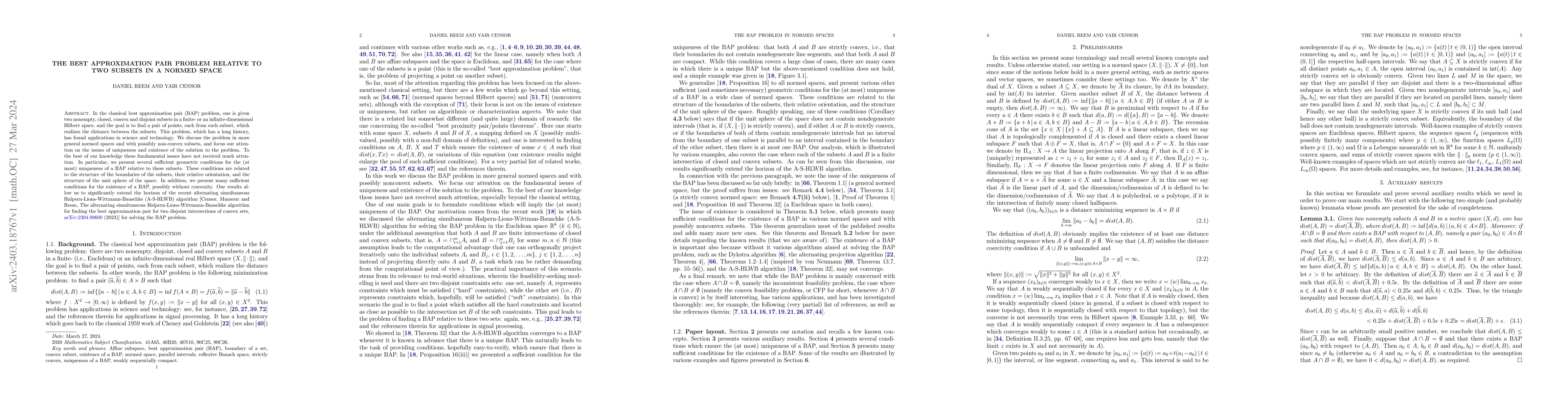 Thumbnail for The best approximation pair problem relative to two subsets in a normed
  space