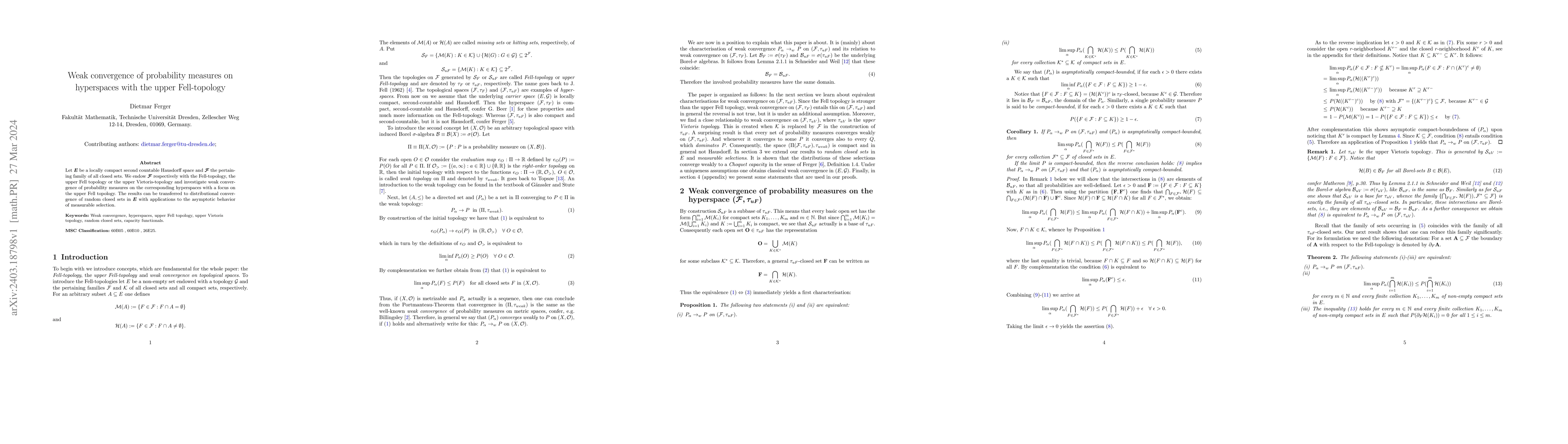 Thumbnail for Weak convergence of probability measures on hyperspaces with the upper
  Fell-topology