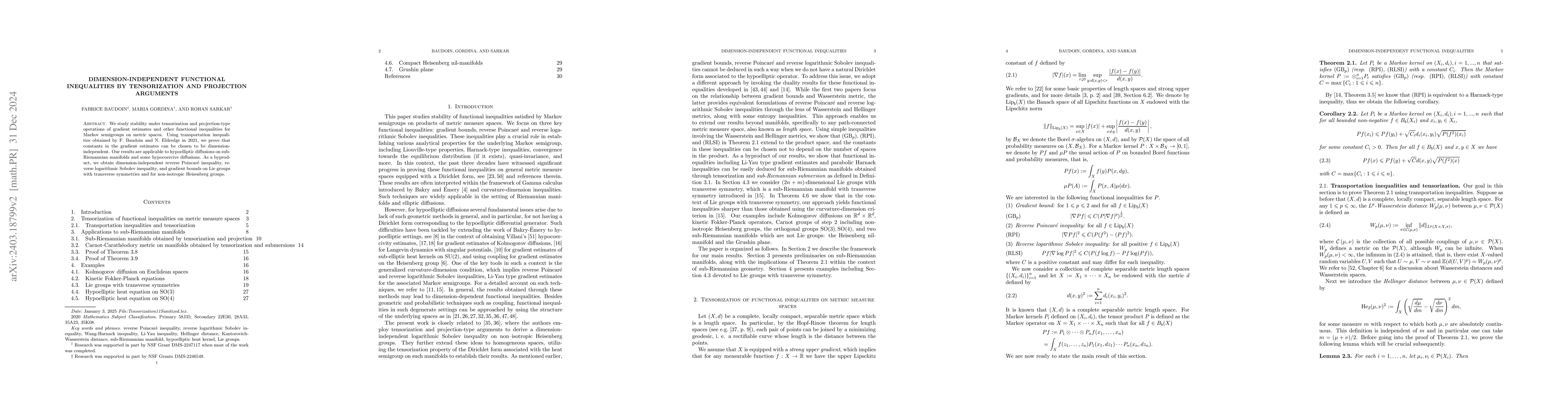 Thumbnail for Dimension-independent functional inequalities by tensorization and
  projection arguments