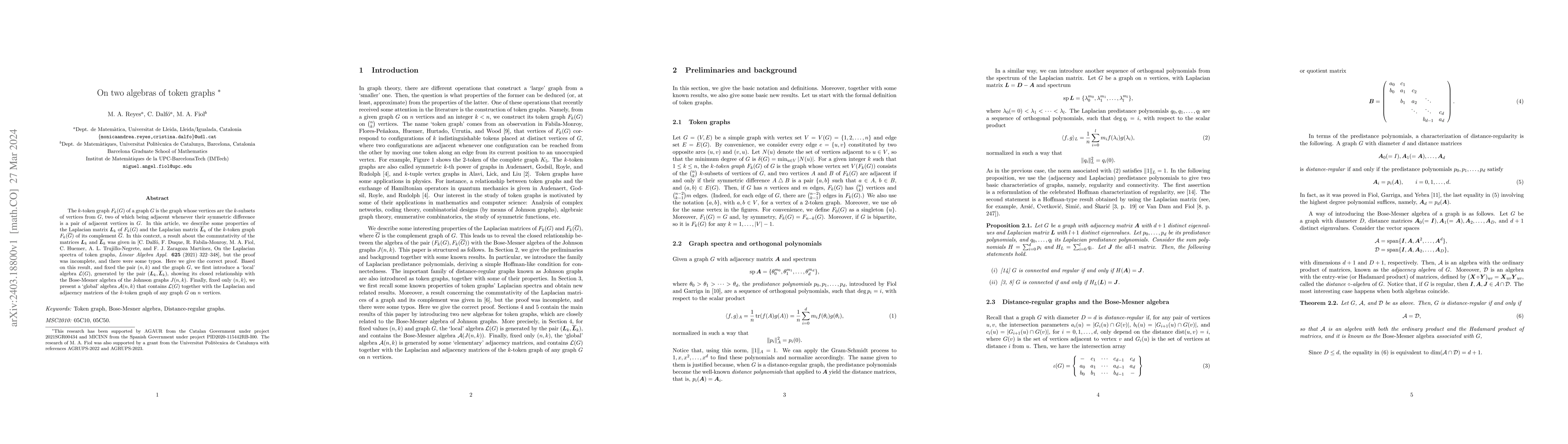 Thumbnail for On two algebras of token graphs