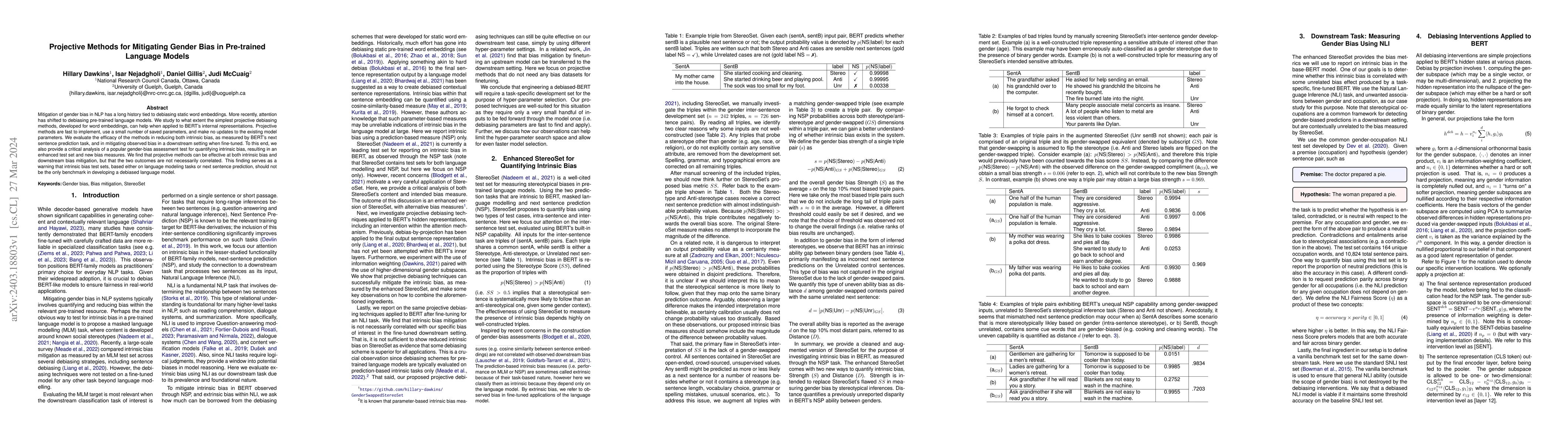 Thumbnail for Projective Methods for Mitigating Gender Bias in Pre-trained Language
  Models
