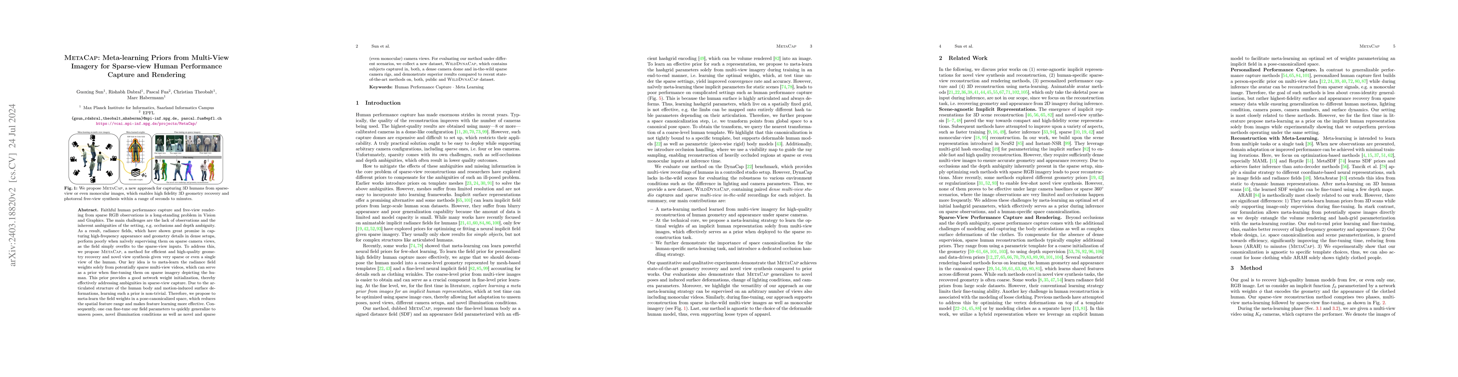 Thumbnail for MetaCap: Meta-learning Priors from Multi-View Imagery for Sparse-view
  Human Performance Capture and Rendering