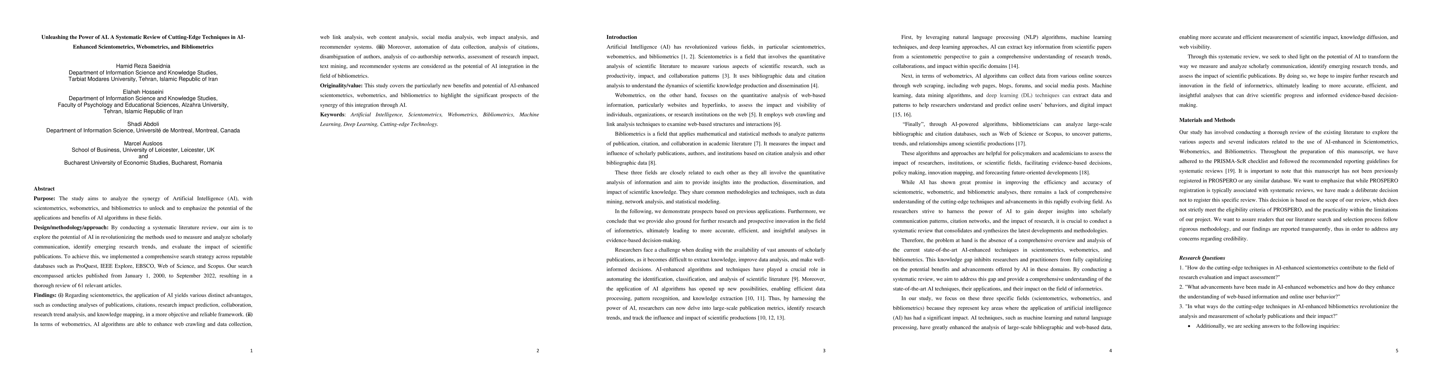 Thumbnail for Unleashing the Power of AI. A Systematic Review of Cutting-Edge
  Techniques in AI-Enhanced Scientometrics, Webometrics, and Bibliometrics